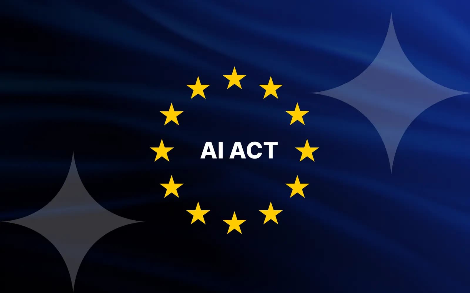 AI Act - il cerchio di stelle dell'UE con la scritta AI ACT su sfondo bandiera blu scuro