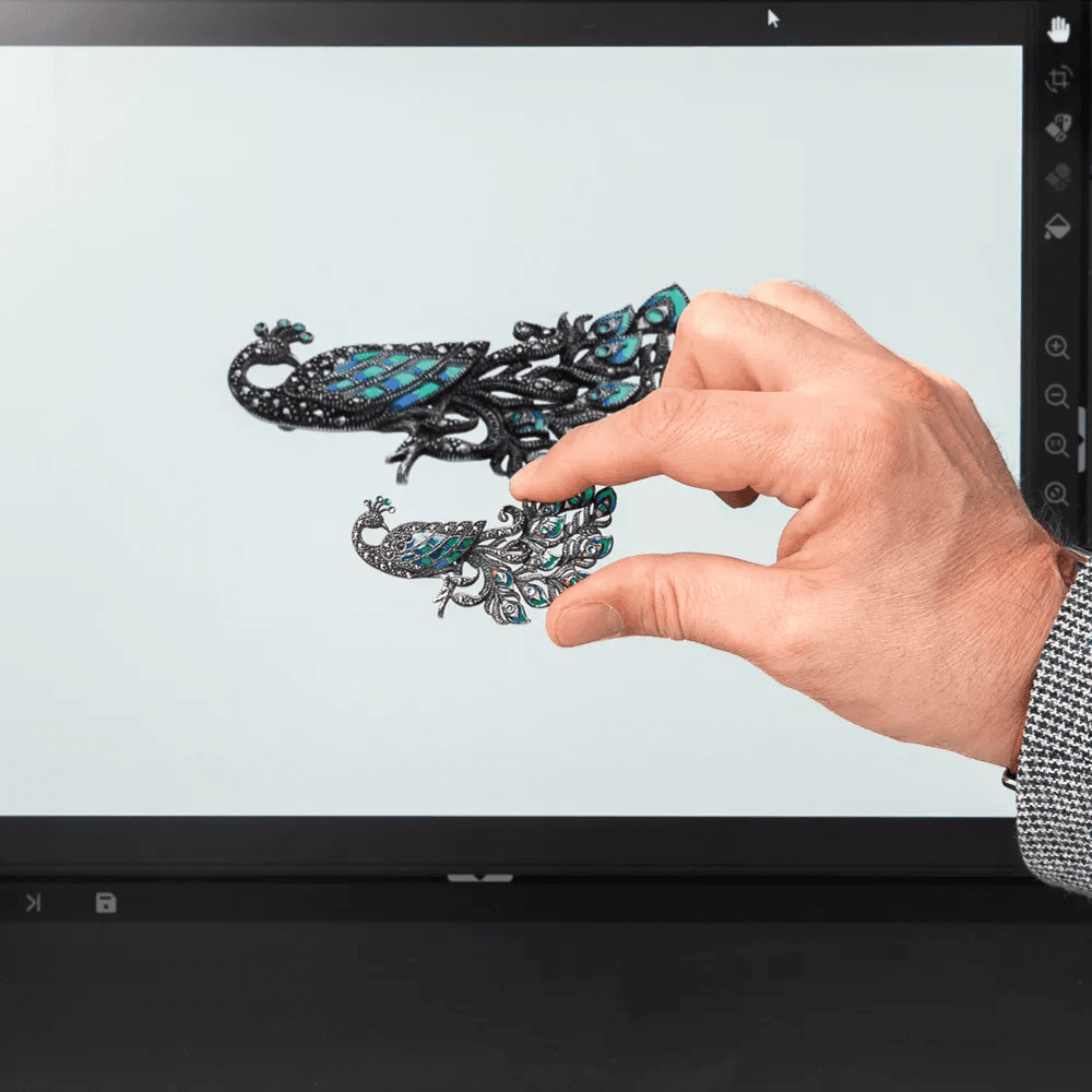 Mano che tiene gioielli davanti a uno schermo con il software Orbitvu