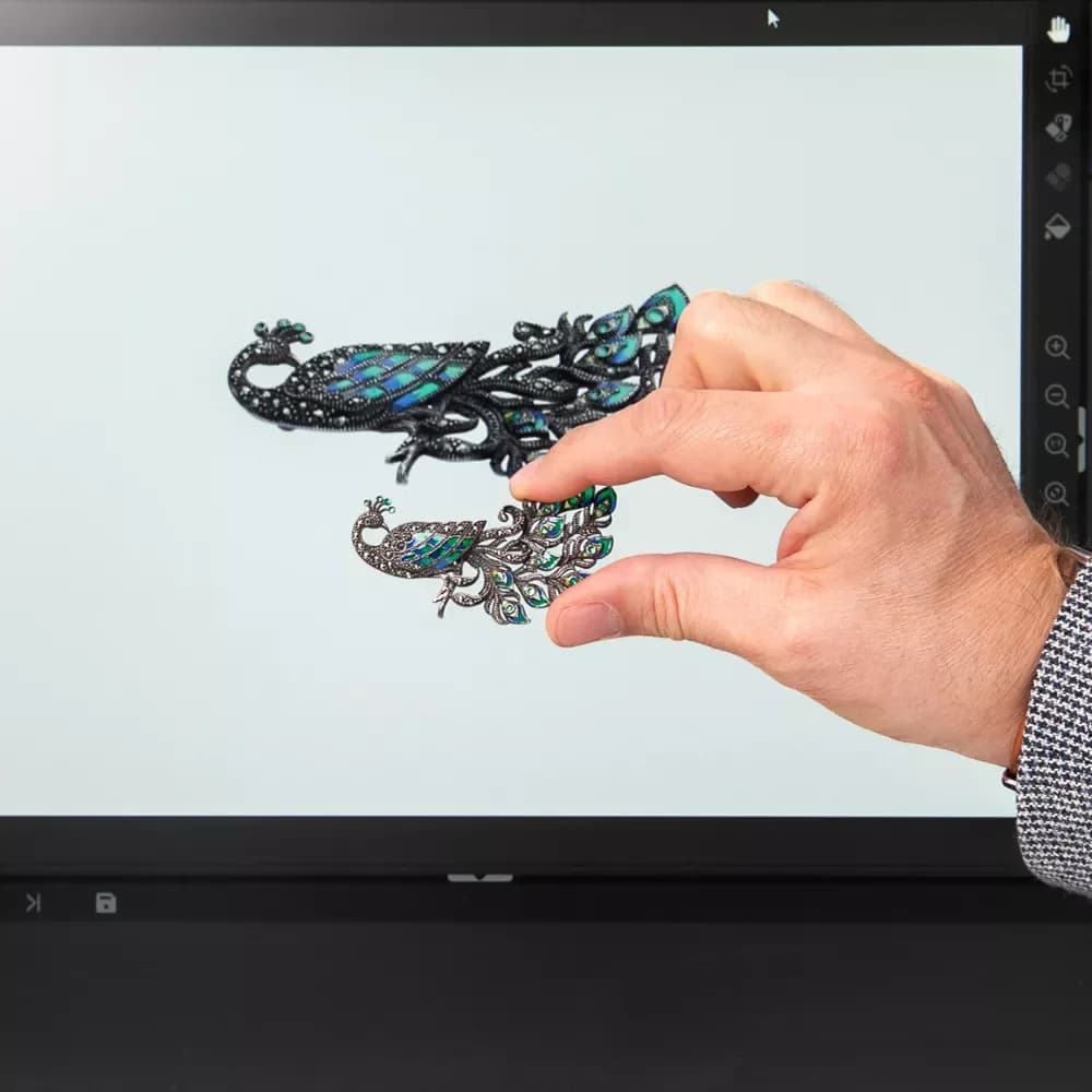 Mano che tiene gioielli davanti a uno schermo con il software Orbitvu