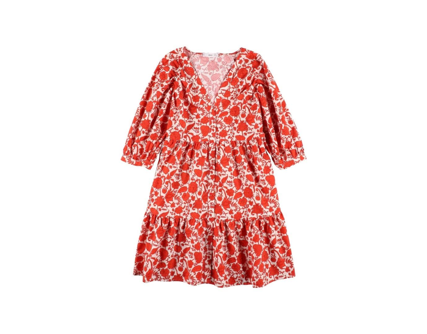 Vestito lungo a balze con stampa floreale rossa e bianca da donna