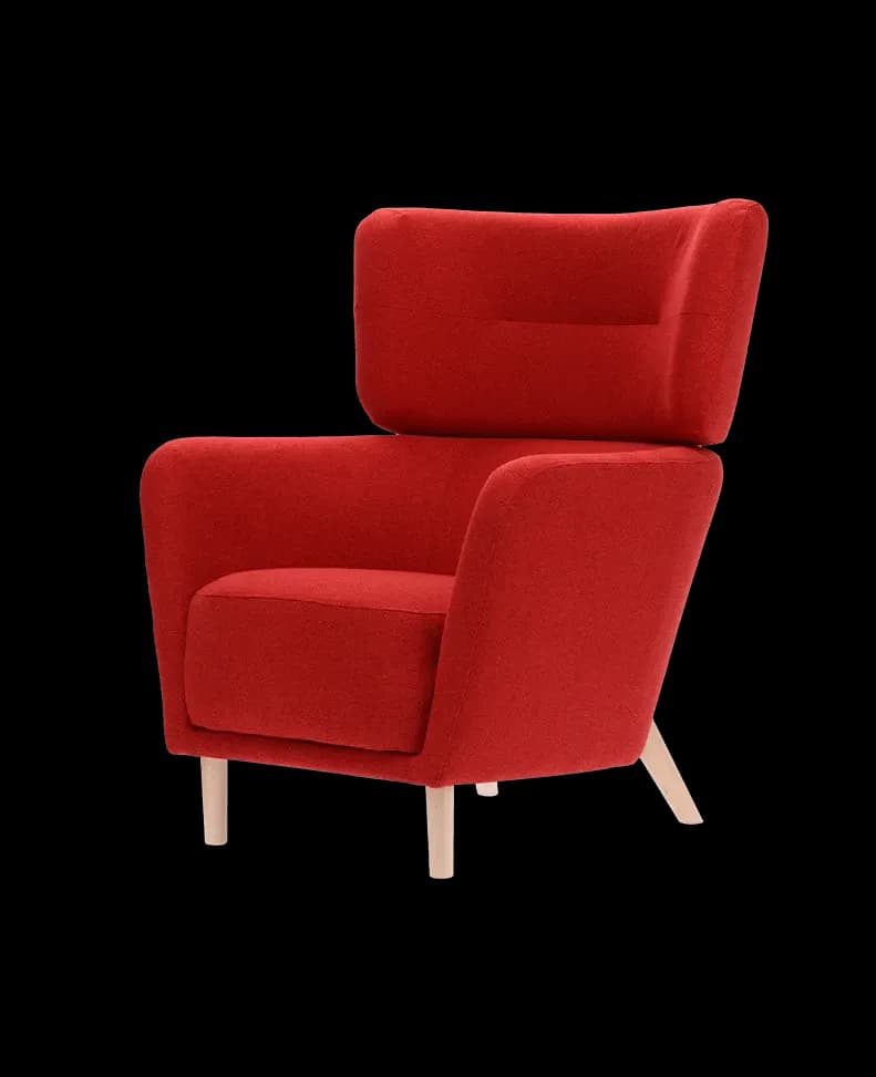 Poltrona moderna rossa con schienale a orecchioni e gambe in legno