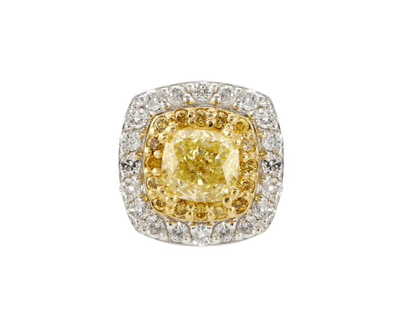 Vista dall'alto di anello halo con taglio cushion e diamante giallo elegante