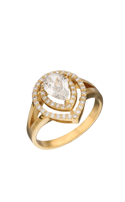 Anello con halo in oro giallo, diamante taglio pera