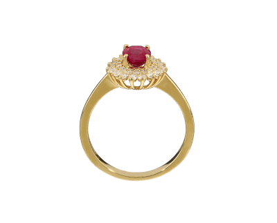 Anello con halo in oro giallo, rubino ovale e diamanti