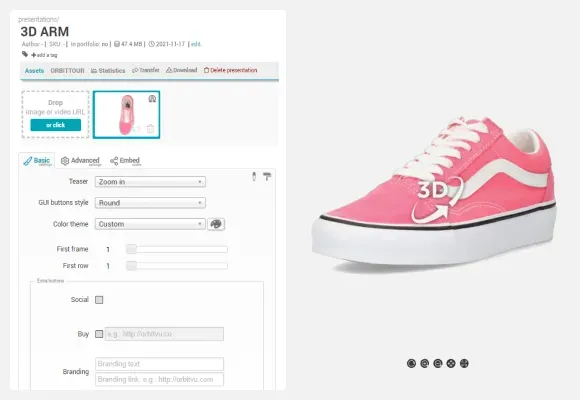 Anteprima dell'interfaccia software per spin 3D e-commerce
