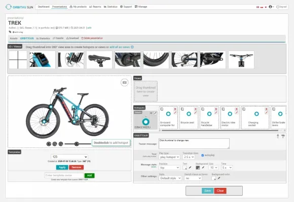 Interfaccia del software Orbitvu per la visualizzazione a 360° di una bicicletta