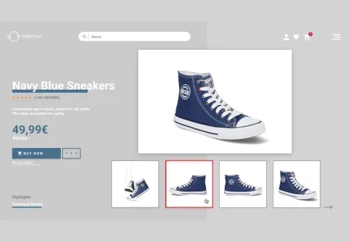 Interfaccia utente della pagina prodotto di sneakers blu navy