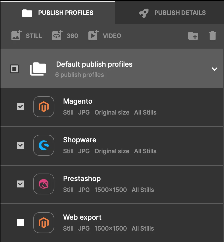 Profili di pubblicazione di Orbitvu Station per Magento, Shopware e PrestaShop