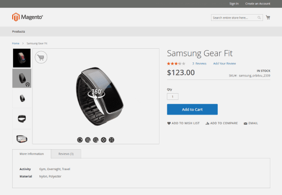 Pagina prodotto Samsung Gear Fit con vista a 360° su Magento