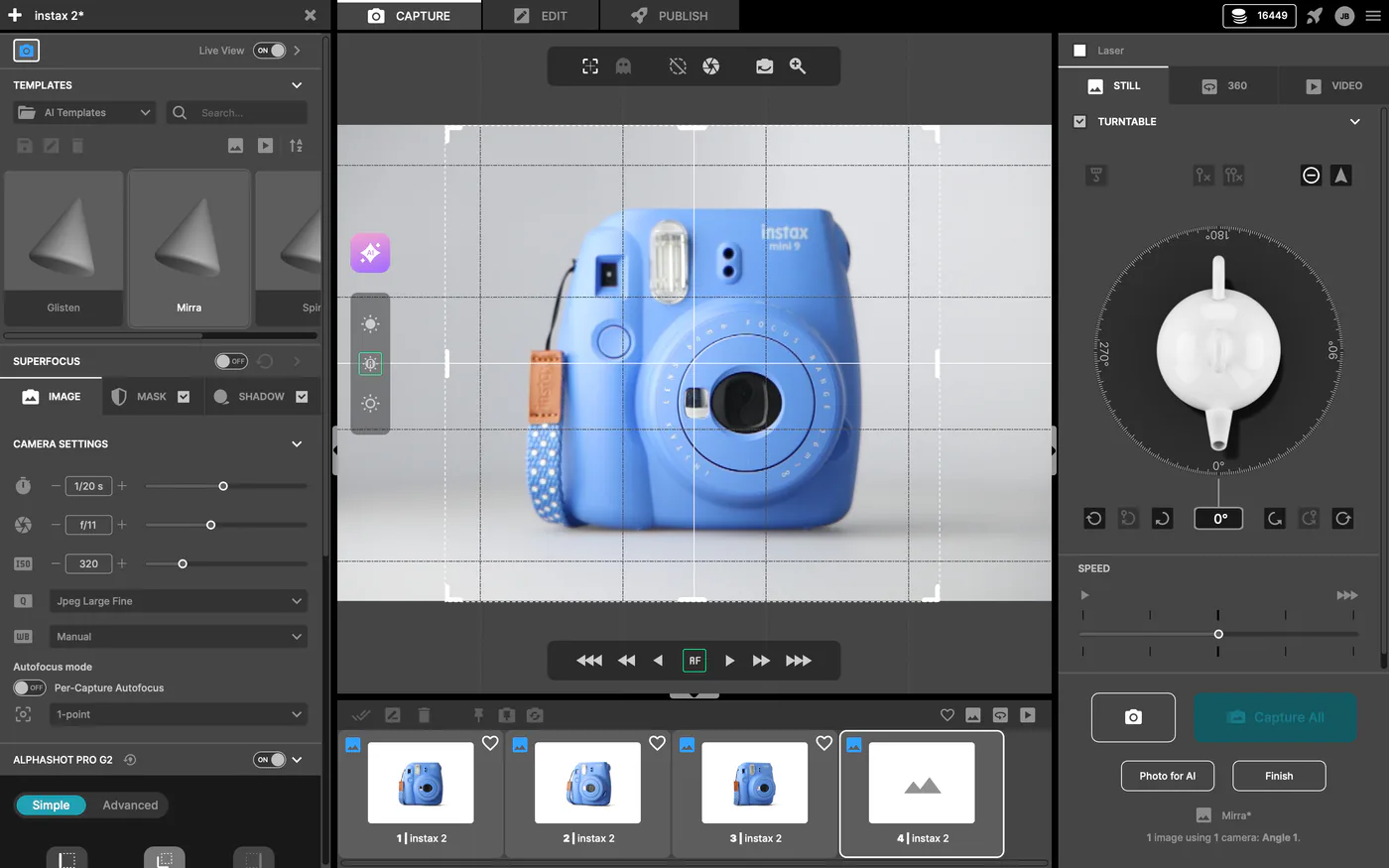 Interfaccia del software di fotografia di prodotto Orbitvu Station