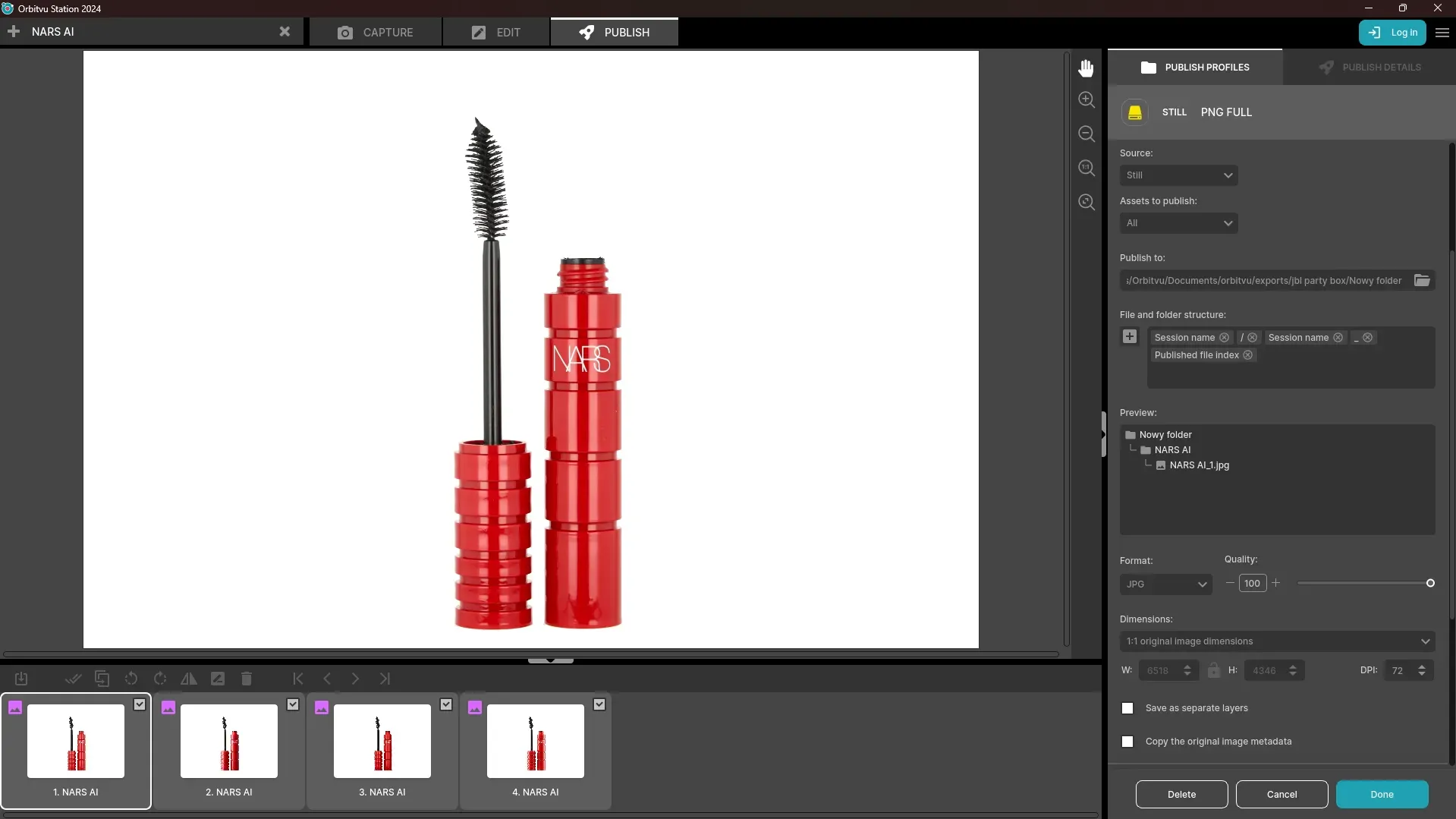 Impostazioni di esportazione foto del mascara NARS nel software fotografico