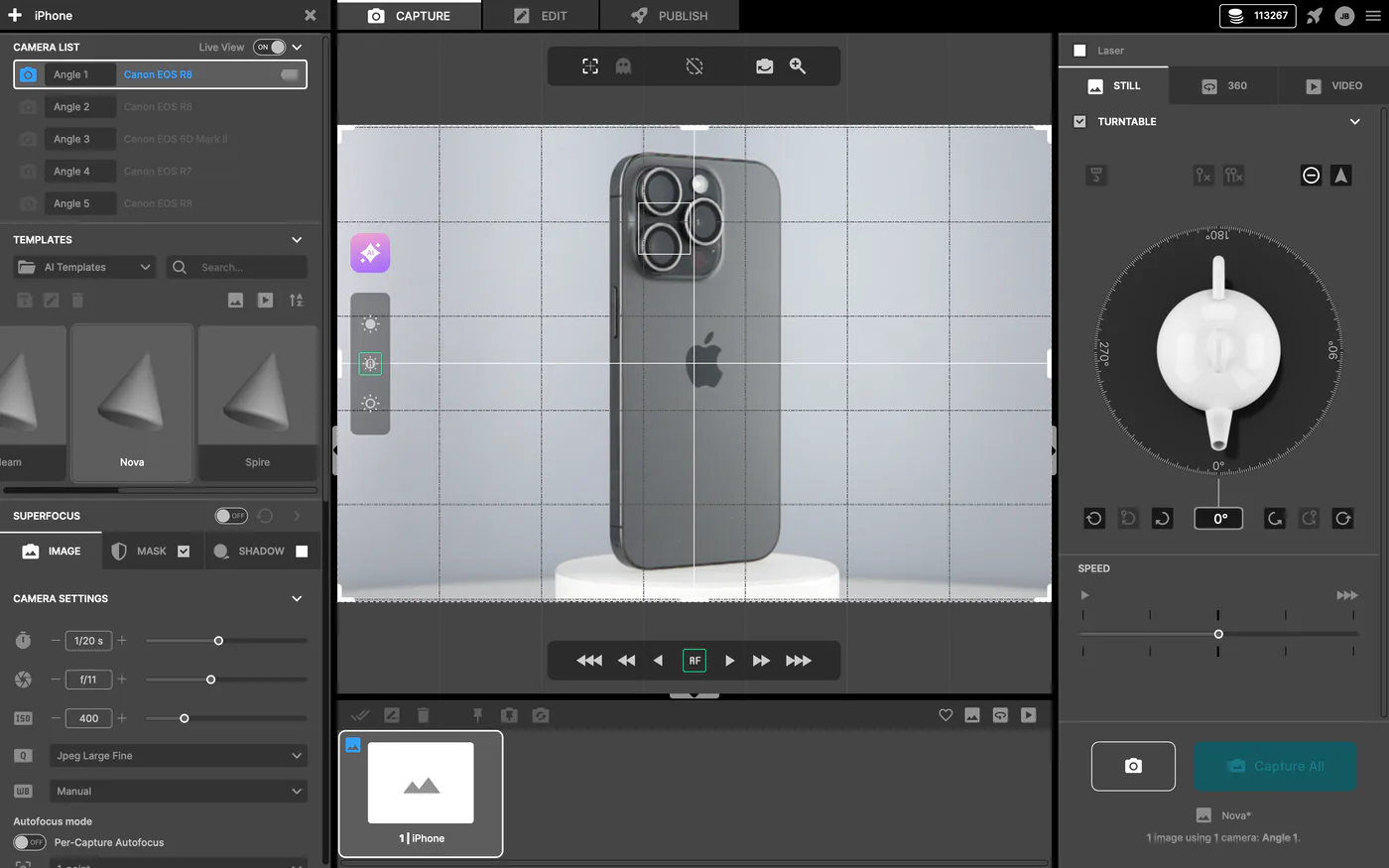 Schermata di scatto di Orbitvu Station con AI Photo Assistant