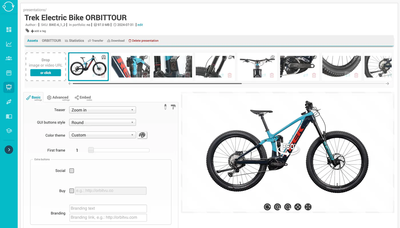 Editor di tour del prodotto di Orbitvu Cloud con una rotazione a 360° di una bicicletta