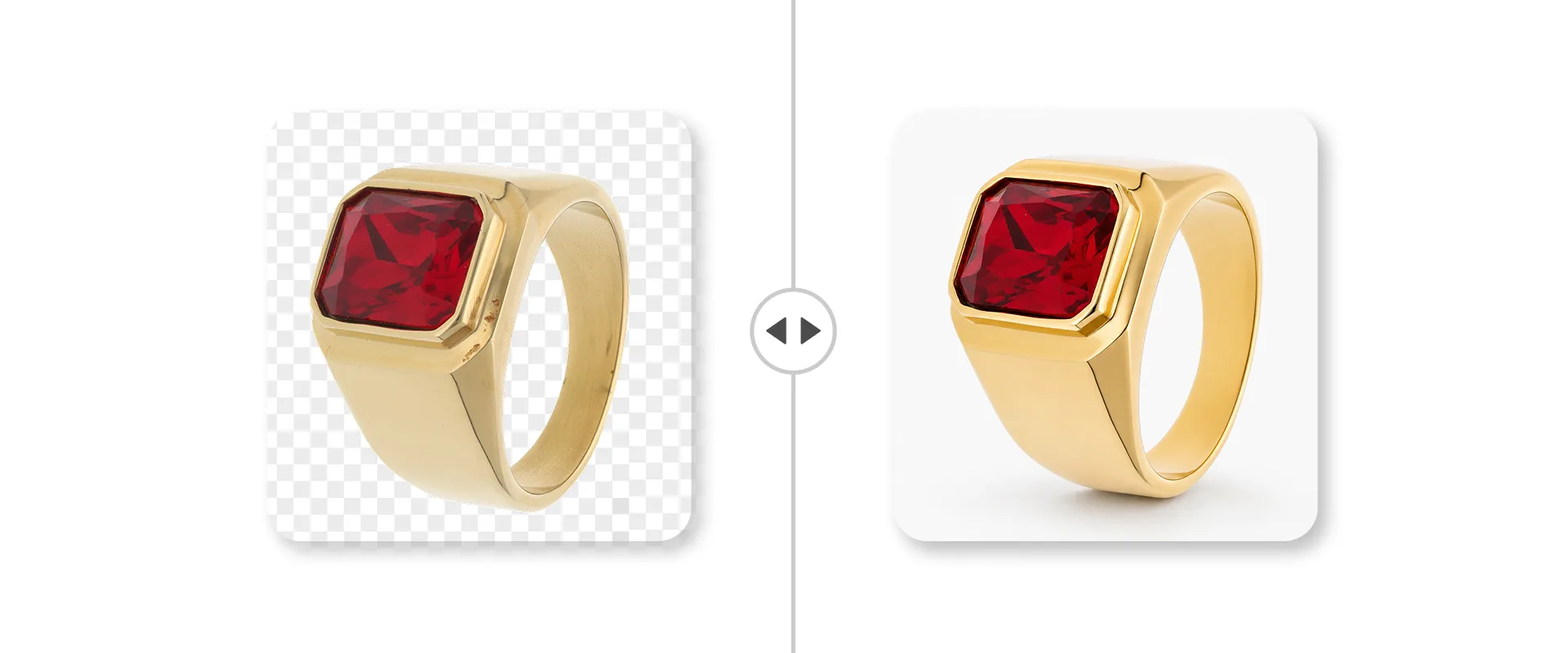 AI Retoucher prima e dopo: un anello con sigillo in oro con una gemma rossa, ripulito in automatico