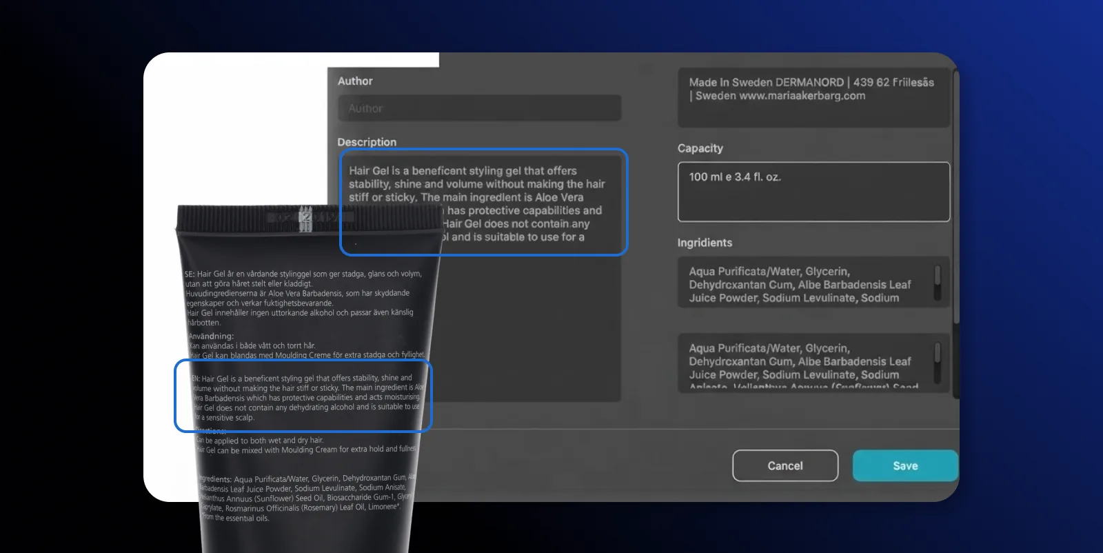 AI OCR che estrae la descrizione del prodotto e la capacità da un'etichetta di prodotto in Orbitvu Station