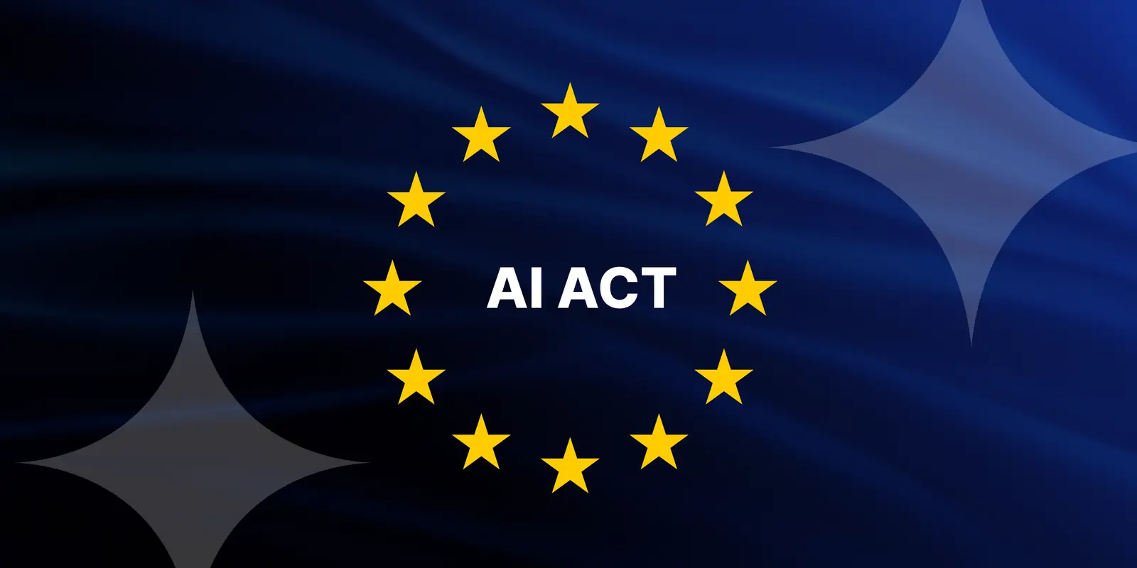 AI Act - il cerchio di stelle dell'UE con la scritta AI ACT su sfondo bandiera blu scuro