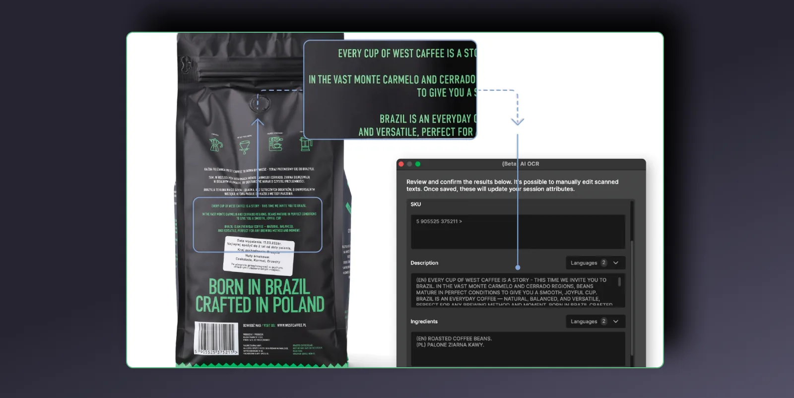 AI OCR in Orbitvu Station legge SKU, descrizione e ingredienti dalla confezione di un prodotto e li scrive negli attributi di sessione
